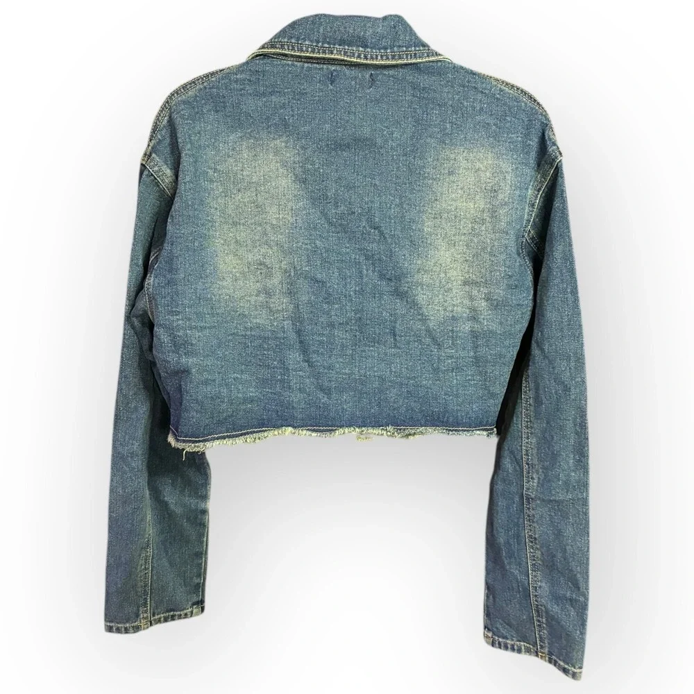 PrettyLittleThing Cropped Denim Jacket Raw Hem Zip Front Blue Petite US 10